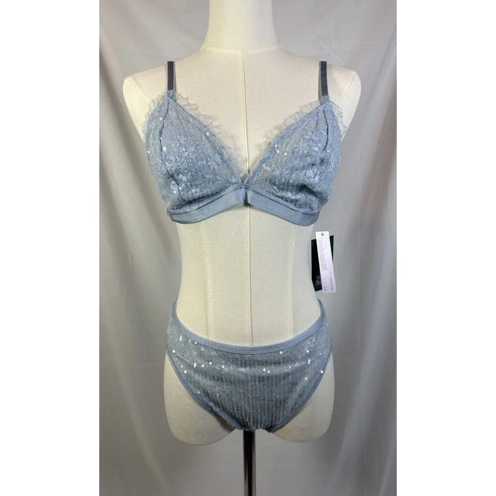 Wild Fable Women’s Size Large Bra And Panty Sequins Set Light Blue Super Cute